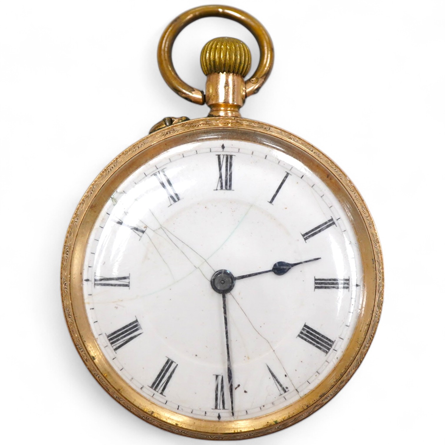 A lady's early 20th century 14K open faced fob watch, with Roman dial and gilt metal dust cover, gross weight 36 grams (dial cracked).